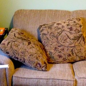 A pair of throw pillows, 22 x 22 inches, tan and brown